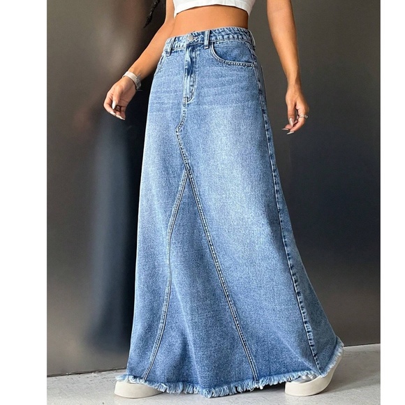 Boho Light Blue Raw hem Jean Denim Pockets Maxi Skirt - Picture 1 of 11